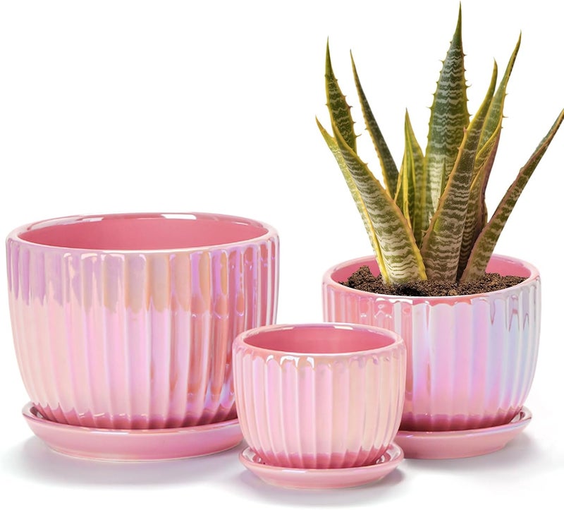Ton Sin Pink Gold Ceramic Flower Pots, 4"+5"+6" Inch Small Glazed Succulent Planters with Drainage Hole,Modern Indoor Decorative Plant Pots Set of 3,Garden Pots with Saucer - Image 1